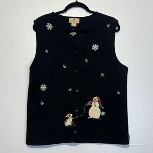 Woolrich Button Up  Sweater Vest Size L Wool Appliqué Snowman Dog Holiday